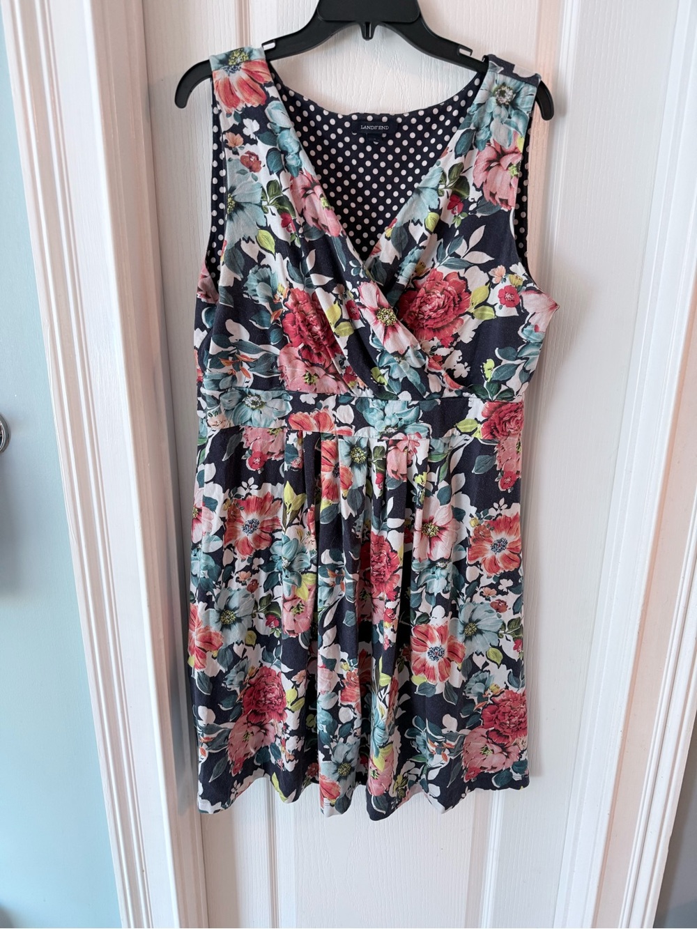 Lands' End Navy Floral Sleeveless Wrap-Style Dress